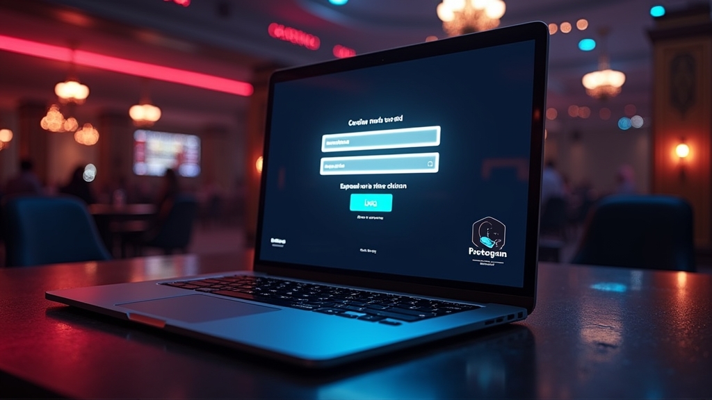 Laptop and phone showing a secure login screen in a dark casino-themed setting