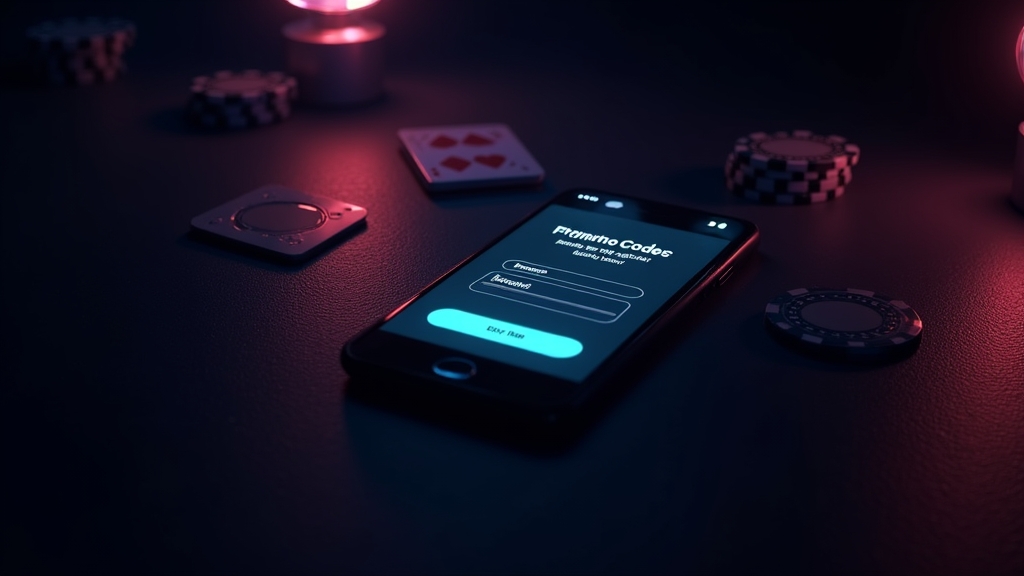 A smartphone showing a promo code entry box in a dark casino setting