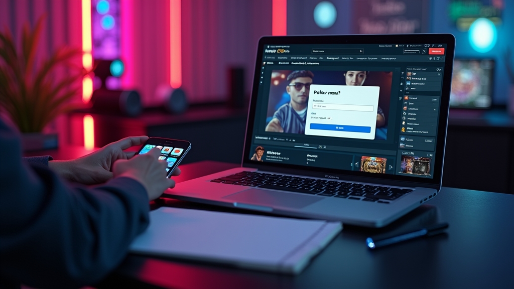 New user preparing account details on a laptop beside a phone in a casino-themed room