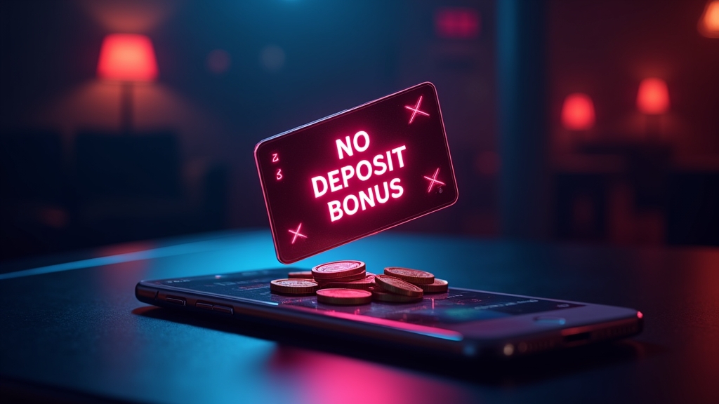 A neon no-deposit bonus card hovering above a smartphone in a casino scene