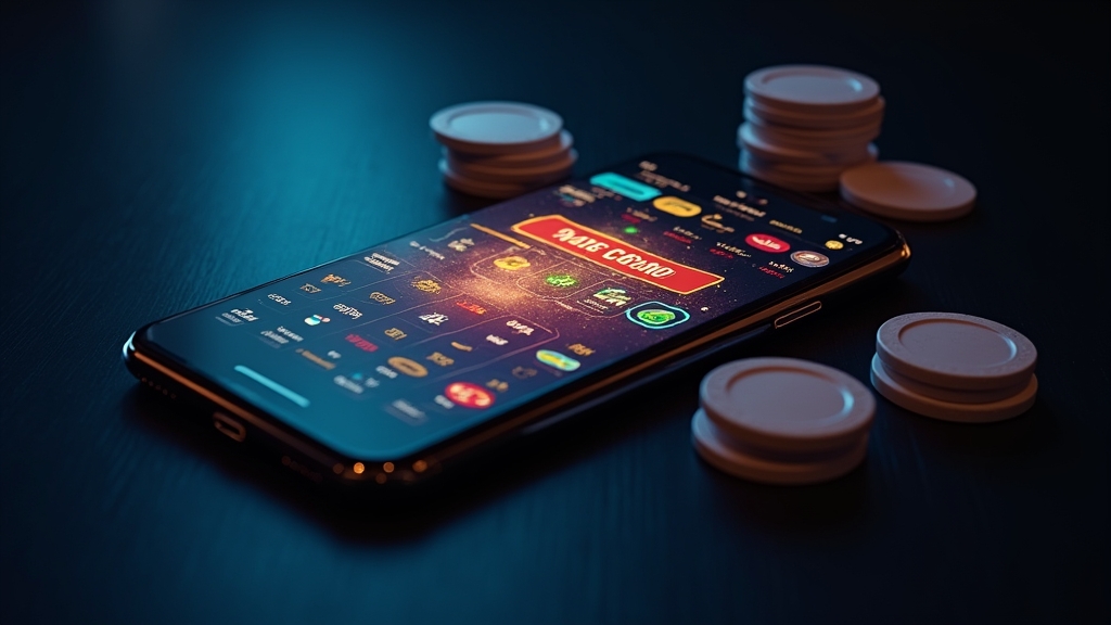 A glowing promo code banner beside a smartphone in a dark casino setting