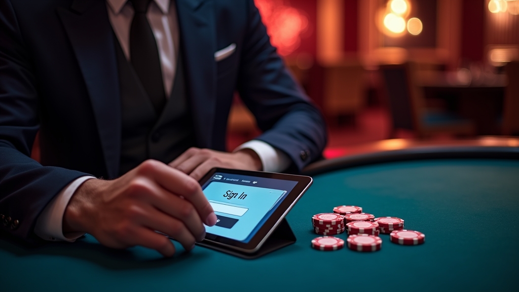 Returning player signing in on a tablet in a dark casino setting