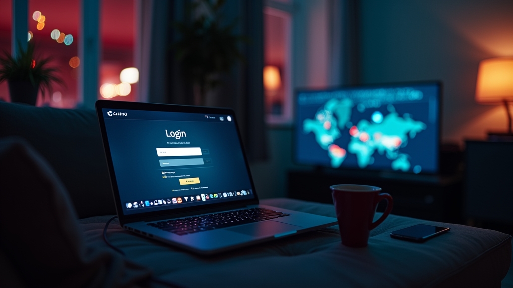 UK user checking login access on a laptop with a dark casino-themed background